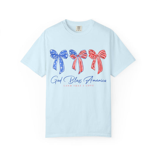God Bless America Bow T-Shirt — Patriotic Red White Blue Fourth of July Tee