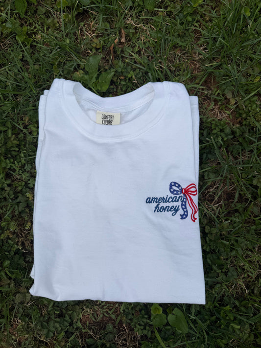 American Honey Embroidered Bow Shirt | Patriotic Coquette Comfort Colors Tee