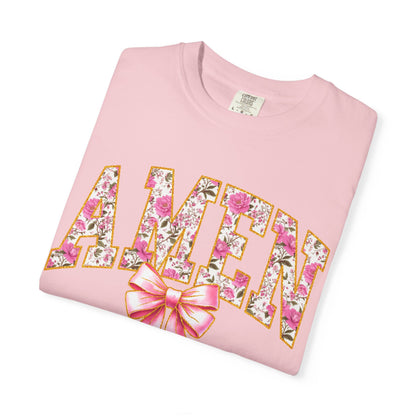 Amen Floral Graphic T-Shirt with Pink Bow — Christian Faith Tee