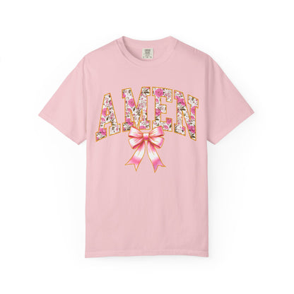 Amen Floral Graphic T-Shirt with Pink Bow — Christian Faith Tee