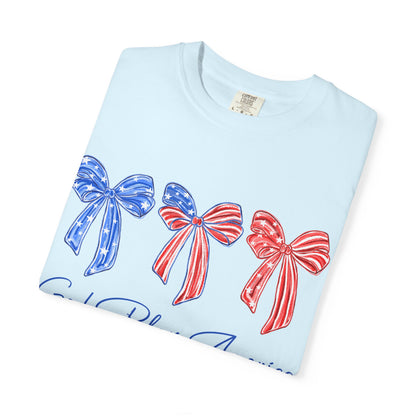 God Bless America Bow T-Shirt — Patriotic Red White Blue Fourth of July Tee
