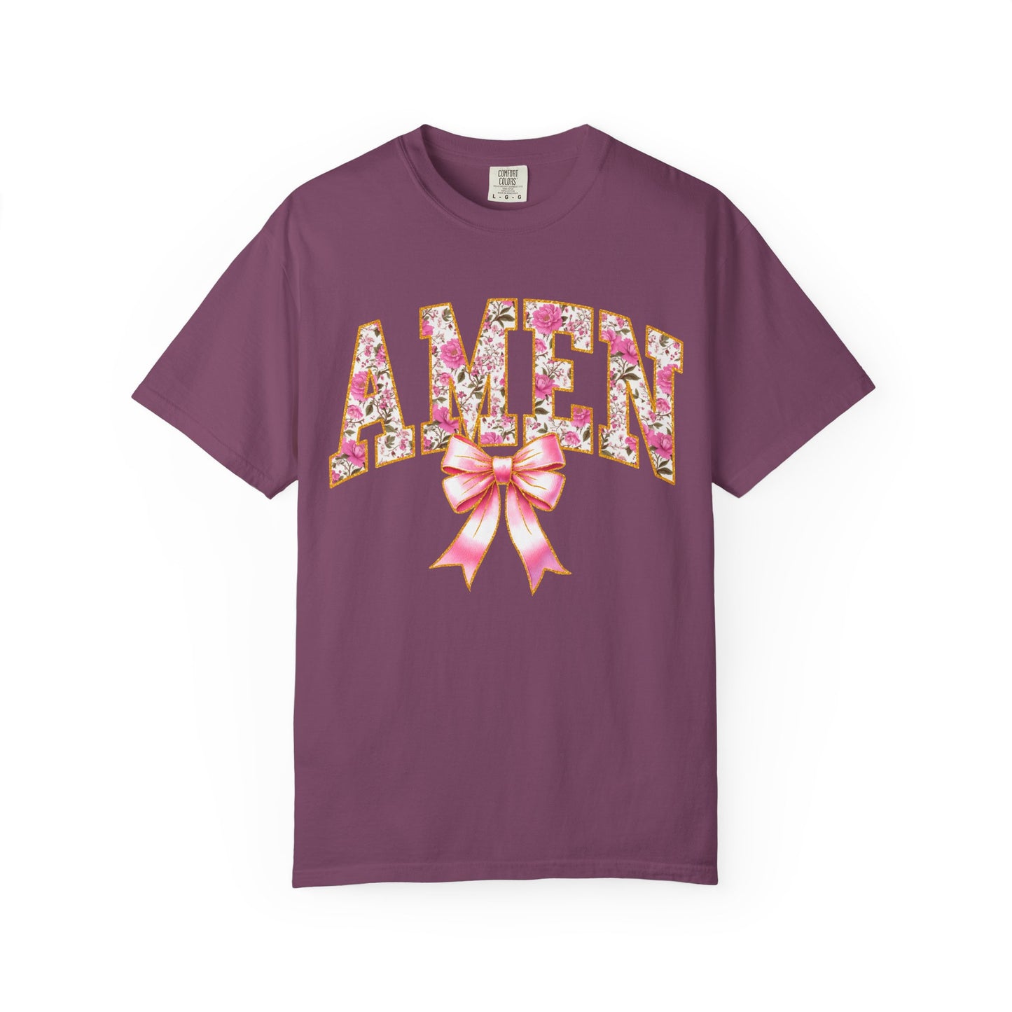 Amen Floral Graphic T-Shirt with Pink Bow — Christian Faith Tee