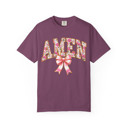 Amen Floral Graphic T-Shirt with Pink Bow — Christian Faith Tee