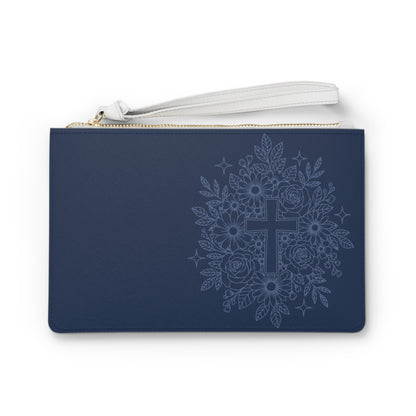 Religious Floral Cross Clutch Bag — Navy Wristlet Purse