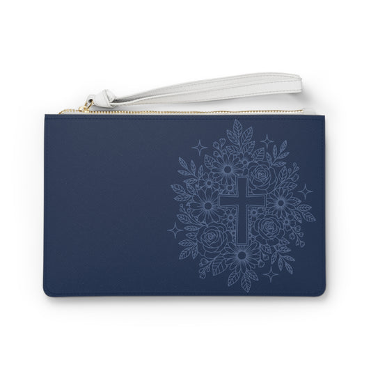 Religious Floral Cross Clutch Bag — Navy Wristlet Purse