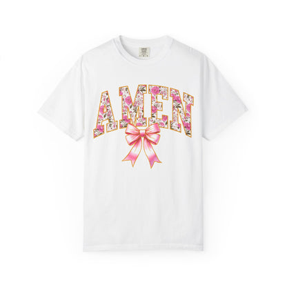Amen Floral Graphic T-Shirt with Pink Bow — Christian Faith Tee