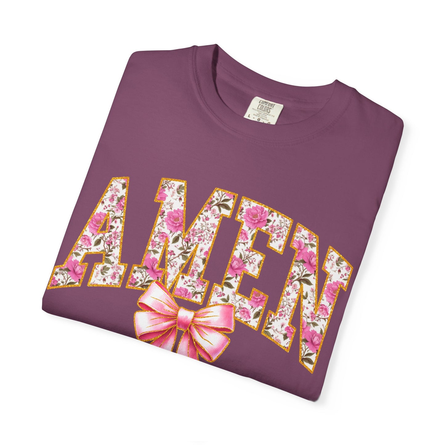 Amen Floral Graphic T-Shirt with Pink Bow — Christian Faith Tee