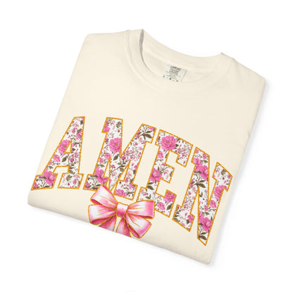 Amen Floral Graphic T-Shirt with Pink Bow — Christian Faith Tee