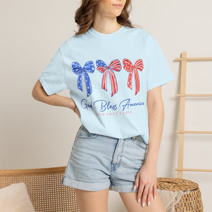 God Bless America Bow T-Shirt — Patriotic Red White Blue Fourth of July Tee