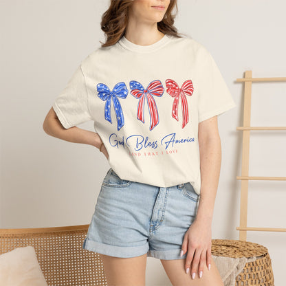 God Bless America Bow T-Shirt — Patriotic Red White Blue Fourth of July Tee