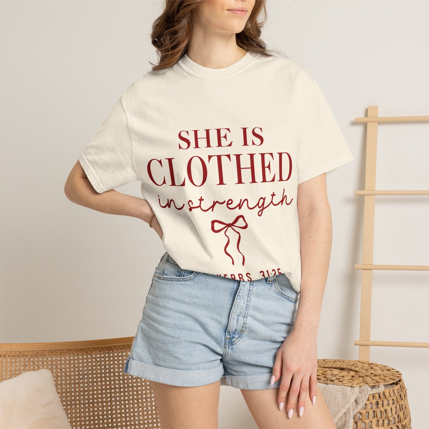 She Is Clothed in Strength T-Shirt — Proverbs 31:25 Christian Inspirational Tee
