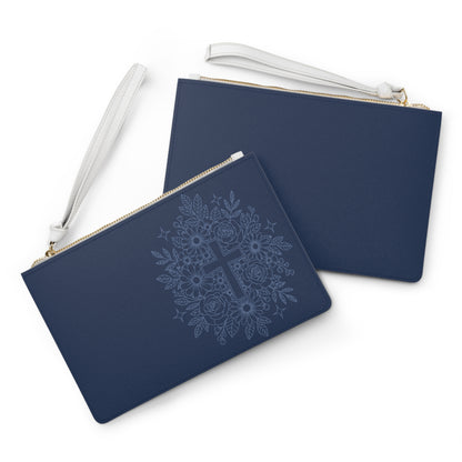 Religious Floral Cross Clutch Bag — Navy Wristlet Purse