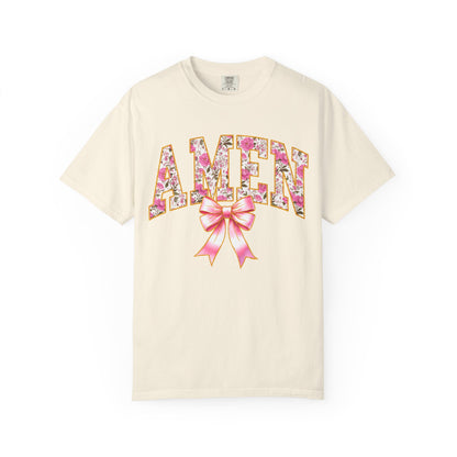 Amen Floral Graphic T-Shirt with Pink Bow — Christian Faith Tee