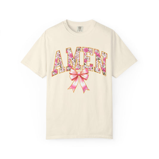 Amen Floral Graphic T-Shirt with Pink Bow — Christian Faith Tee