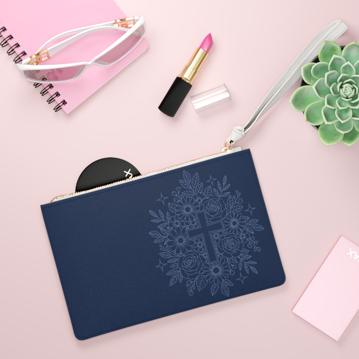 Religious Floral Cross Clutch Bag — Navy Wristlet Purse