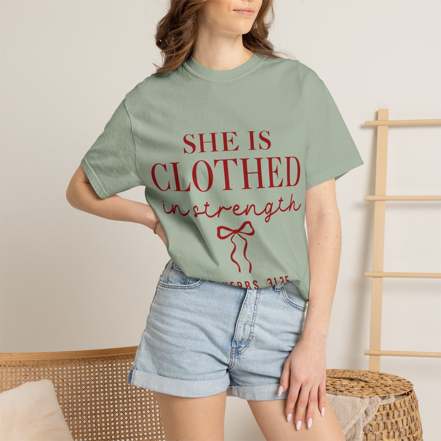 She Is Clothed in Strength T-Shirt — Proverbs 31:25 Christian Inspirational Tee
