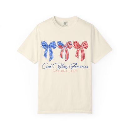 God Bless America Bow T-Shirt — Patriotic Red White Blue Fourth of July Tee