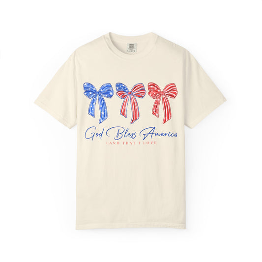 God Bless America Bow T-Shirt — Patriotic Red White Blue Fourth of July Tee