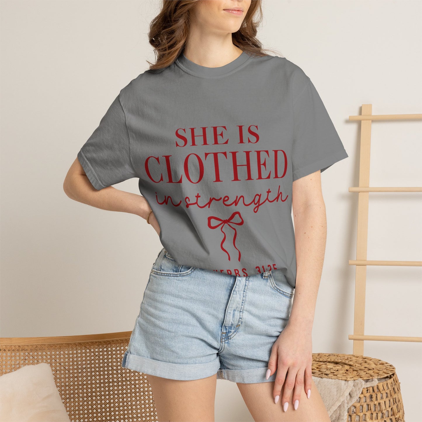 She Is Clothed in Strength T-Shirt — Proverbs 31:25 Christian Inspirational Tee