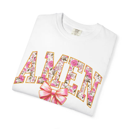 Amen Floral Graphic T-Shirt with Pink Bow — Christian Faith Tee