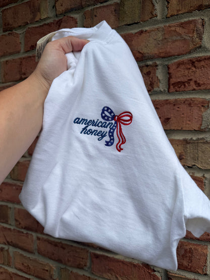 American Honey Embroidered Bow Shirt | Patriotic Coquette Comfort Colors Tee
